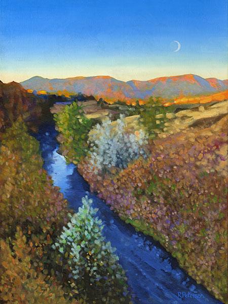 Painting of Cottonwood Creek at sunrise with the sun shining on the mountain range