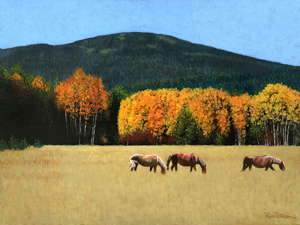 Painting of 3 horses grazing in an autumn meadow with colorful fall trees and a pine-filled mountain against a clear blue sky