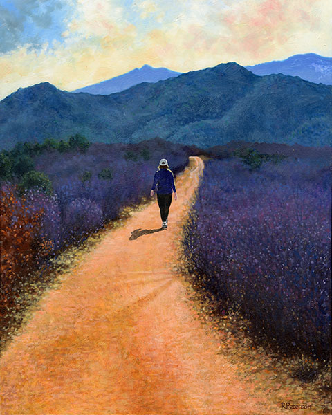 Painting of a woman walking on a gravel path with mountains ahead and surrounded by colorful foliage on both sides