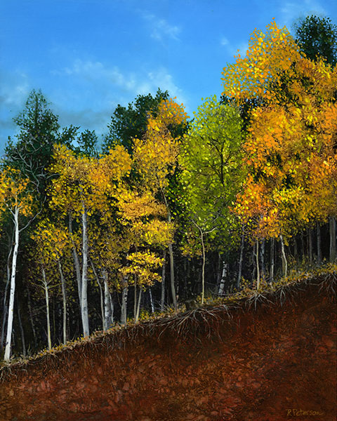 Painting of golden aspens on an eroded bank with pines in the background and a blue sky above